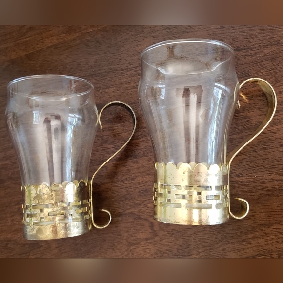Vintage Glass Mugs with Brass Bands and Handles - Picture 13 of 16